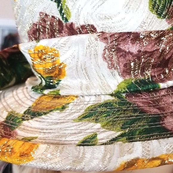 60's Vtg Union Made Cream Floral Shabby Lurex Quirky Spring Garden Church Hat - Picture 6 of 16